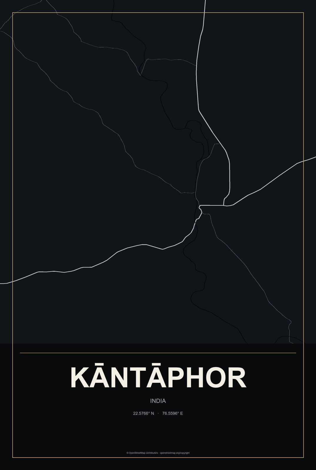 Kāntāphor, India City Map Aluminum Sign in Metropolitan Noir style