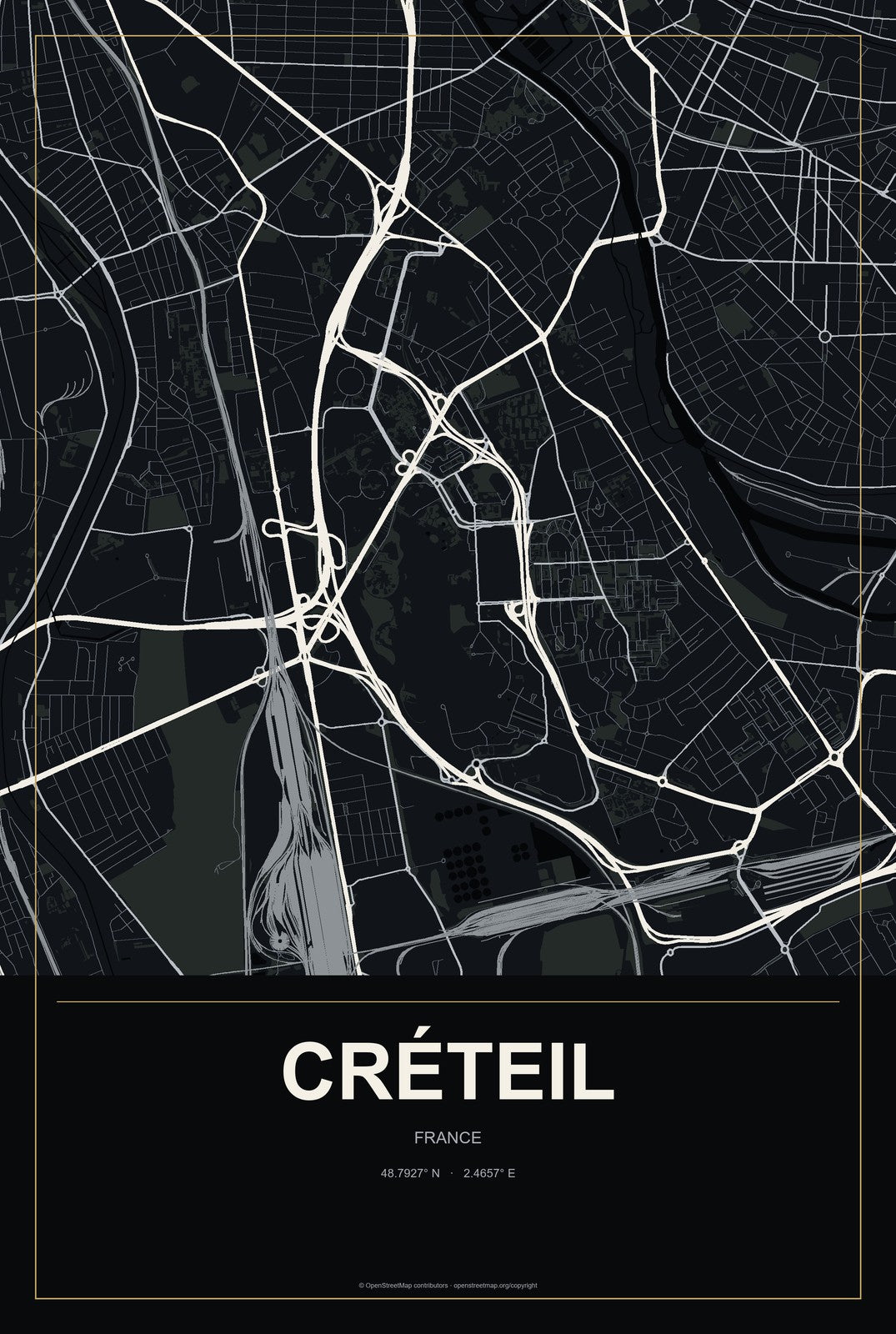 Créteil, France City Map Aluminum Sign in Metropolitan Noir style
