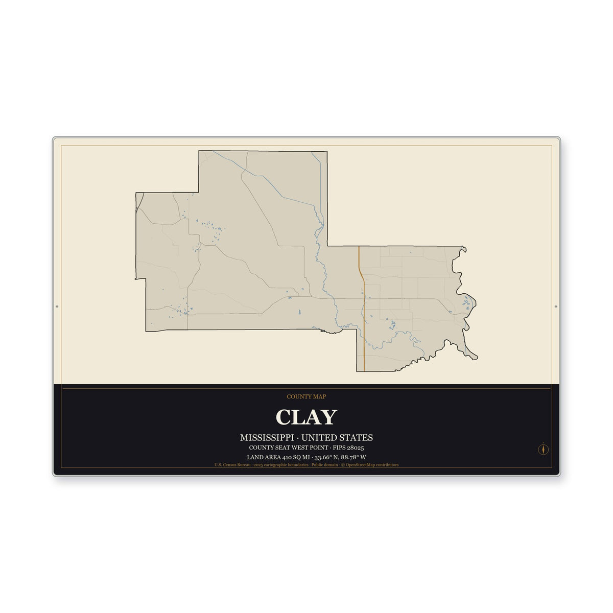 Clay County, Mississippi Map Aluminum Sign in Museum Plaque style