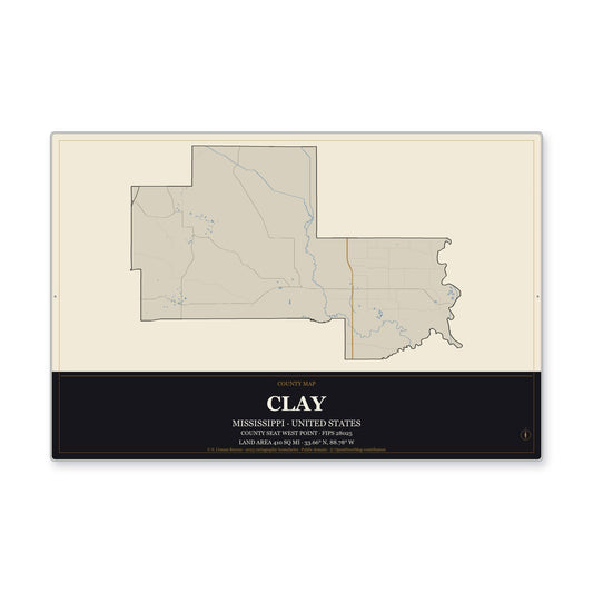 Clay County, Mississippi Map Aluminum Sign in Museum Plaque style