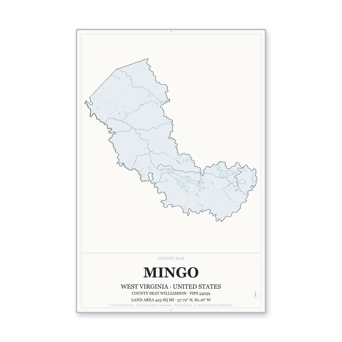 Mingo County, West Virginia Map Aluminum Sign in Gallery Air style