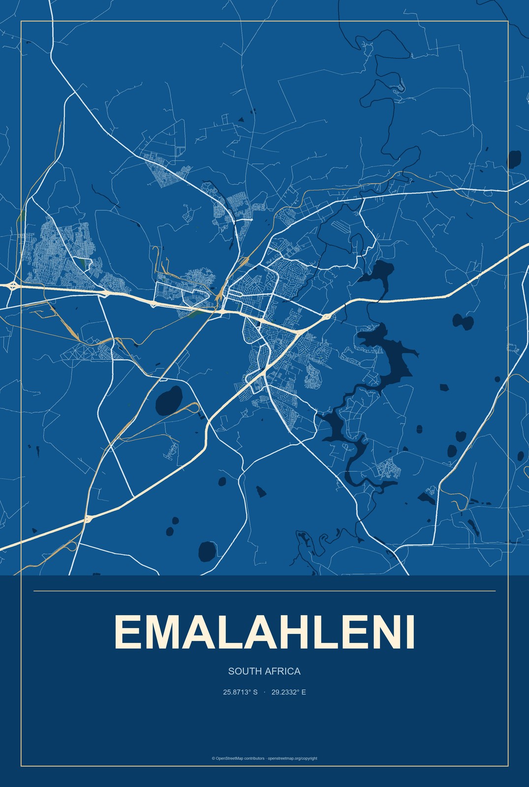 Emalahleni, South Africa City Map Aluminum Sign in Harbor Cobalt style