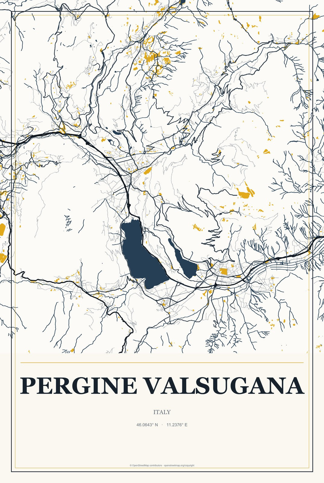Pergine Valsugana, Italy City Map Aluminum Sign in Citrine Modern style