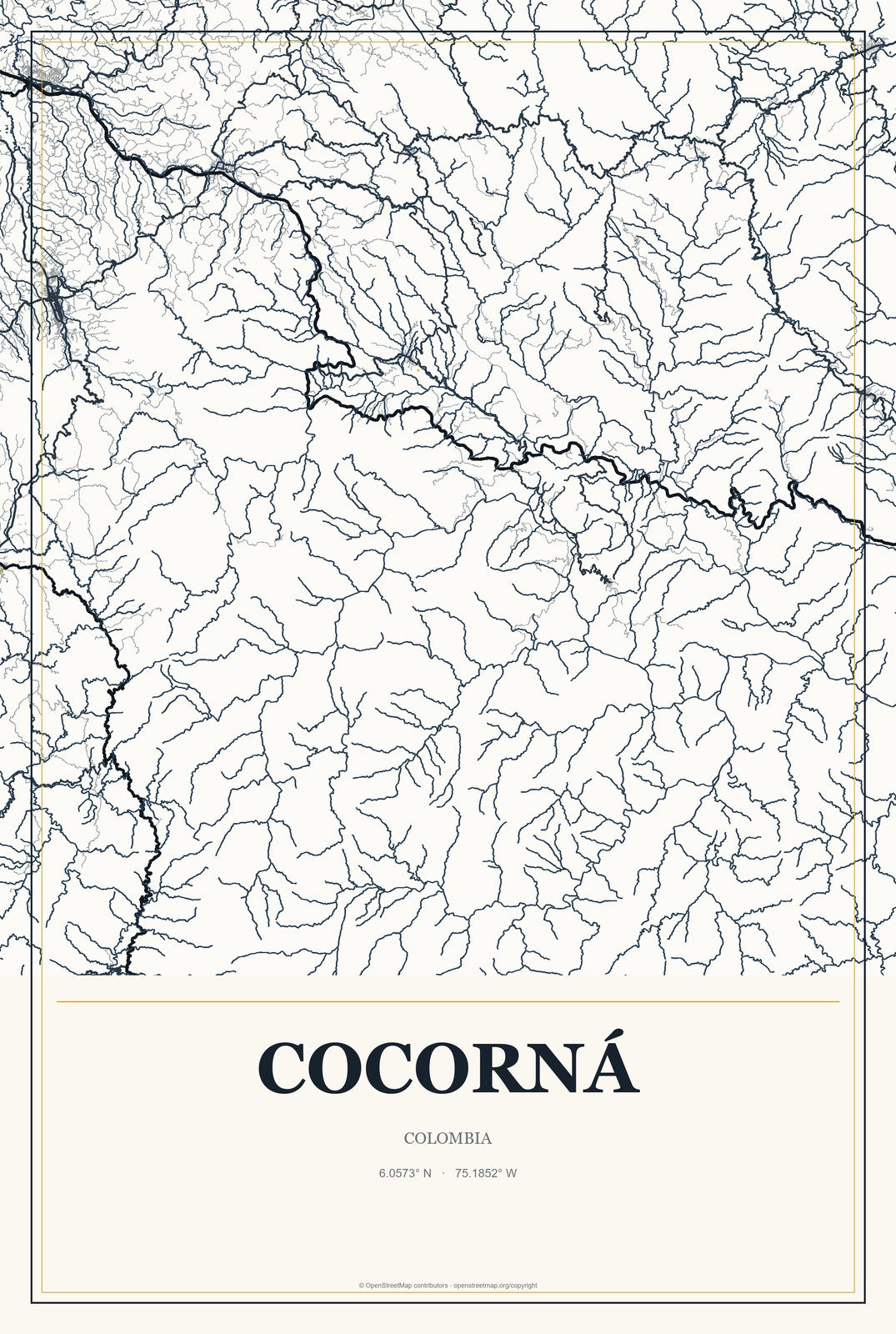 Cocorná, Colombia City Map Aluminum Sign in Citrine Modern style