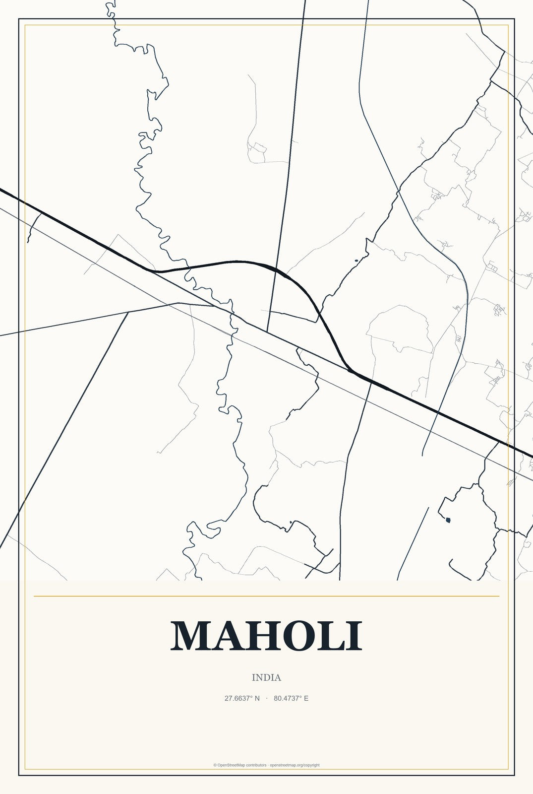 Maholi, India City Map Aluminum Sign in Citrine Modern style