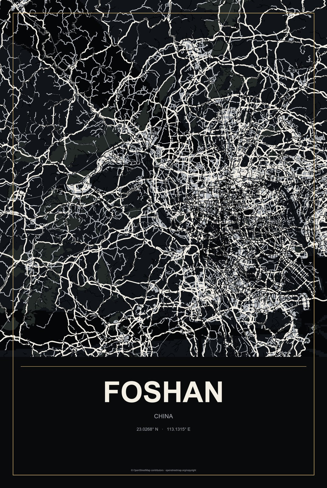 Foshan, China City Map Aluminum Sign in Metropolitan Noir style