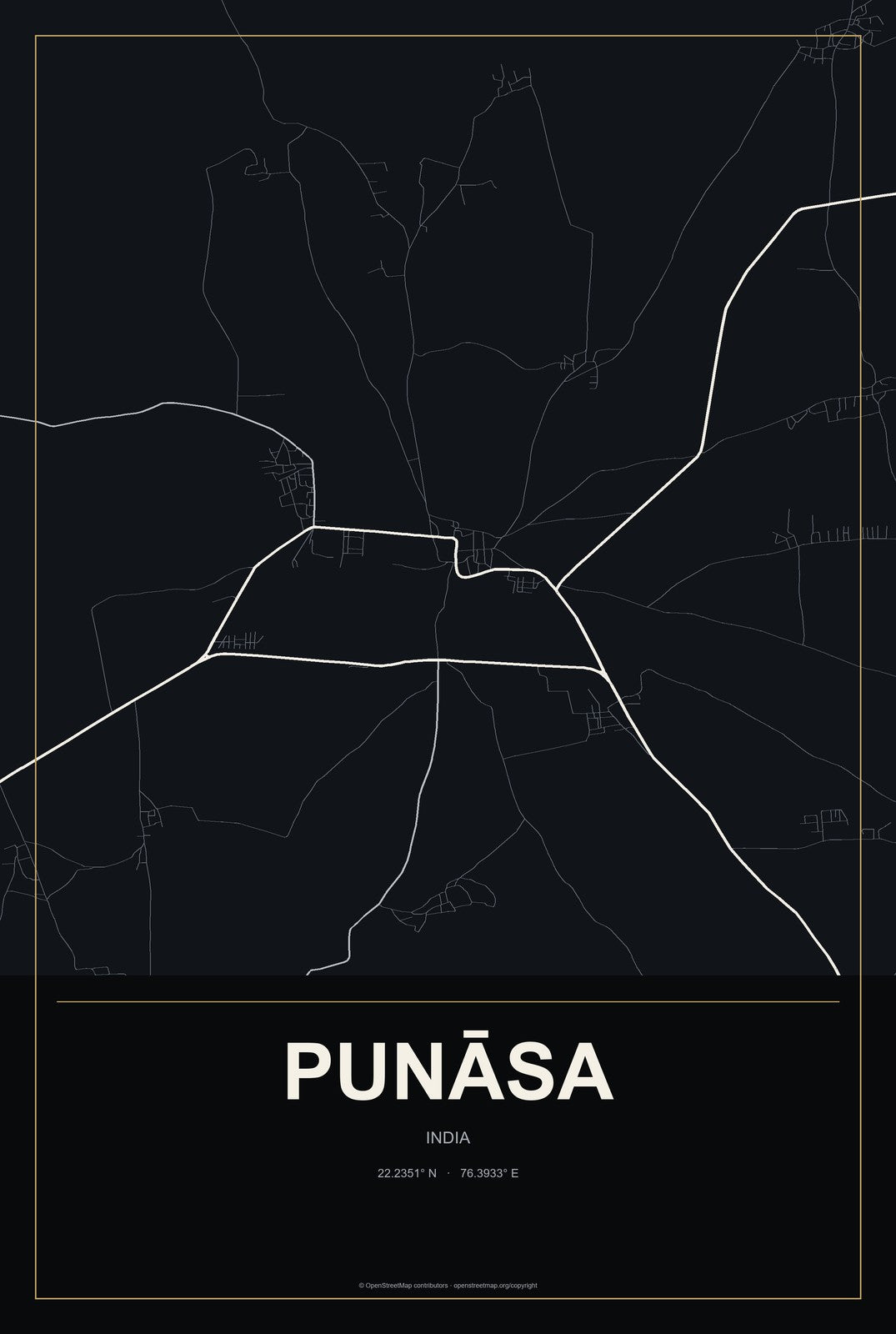 Punāsa, India City Map Aluminum Sign in Metropolitan Noir style