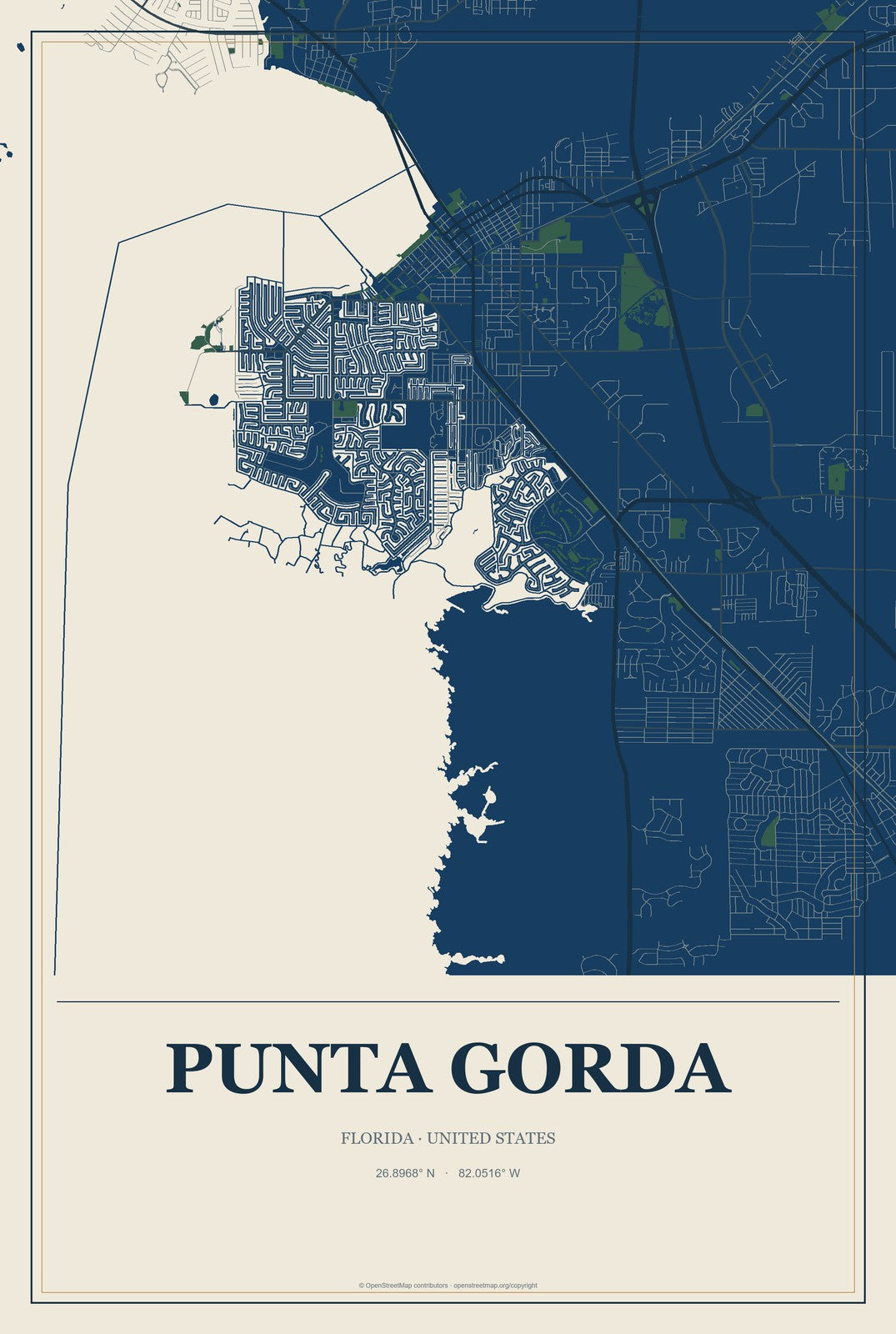 Punta Gorda, Florida City Map Aluminum Sign in Coastal Cutout style