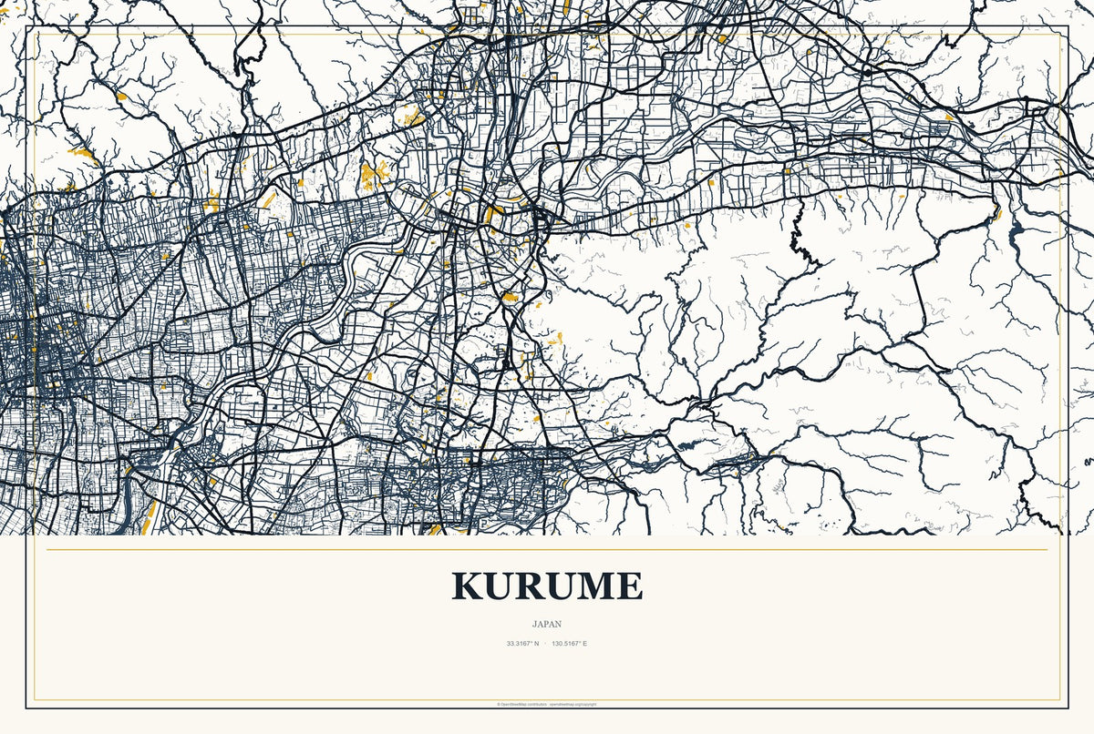 Kurume, Japan City Map Aluminum Sign in Citrine Modern style