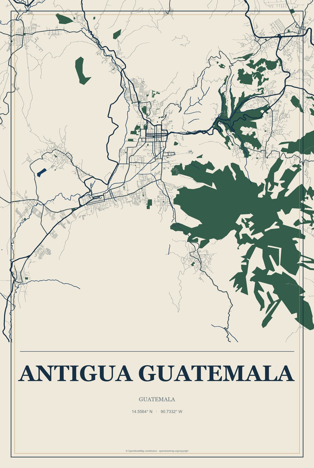 Antigua Guatemala, Guatemala City Map Aluminum Sign in Coastal Cutout style