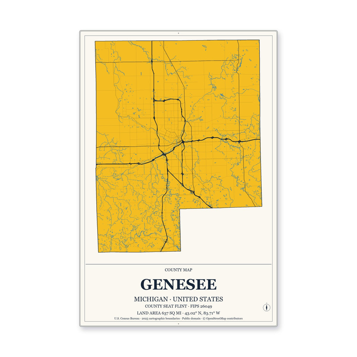 Genesee County, Michigan Map Aluminum Sign in Citrine Modern style