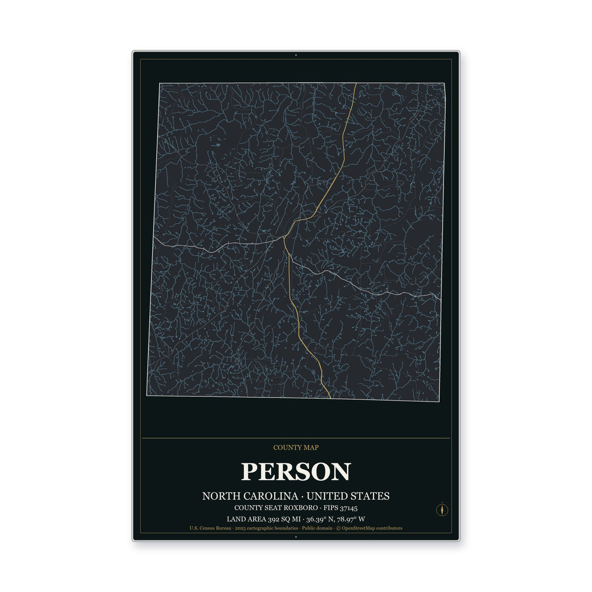 Person County, North Carolina Map Aluminum Sign in Metropolitan Noir style