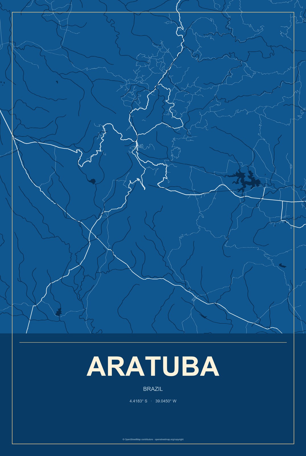 Aratuba, Brazil City Map Aluminum Sign in Harbor Cobalt style