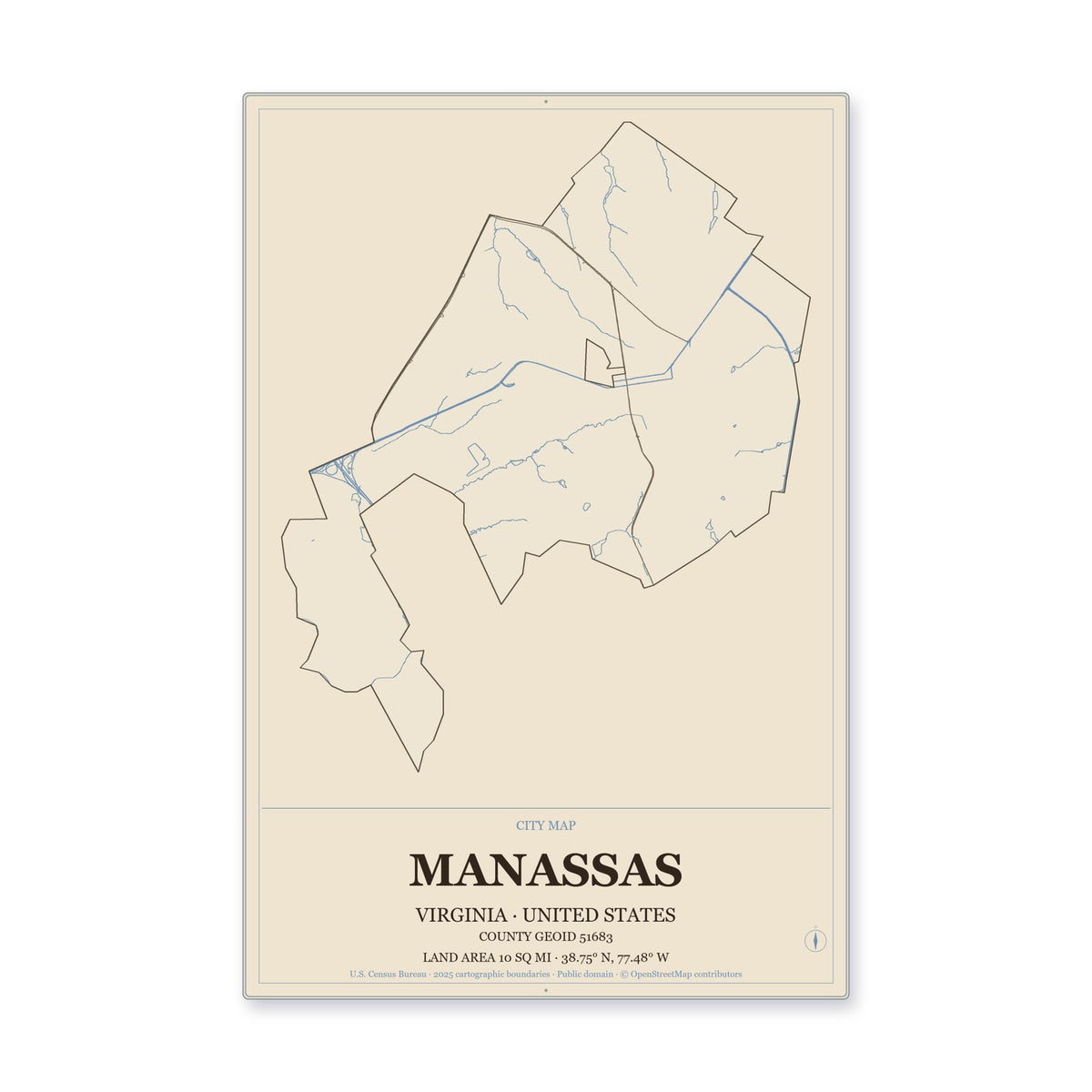 Manassas city, Virginia Map Aluminum Sign in Heritage Nautical style