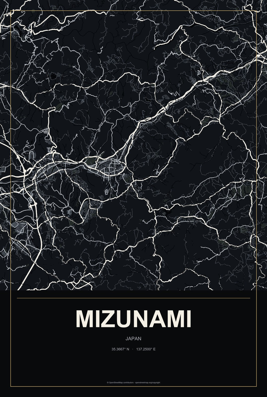 Mizunami, Japan City Map Aluminum Sign in Metropolitan Noir style