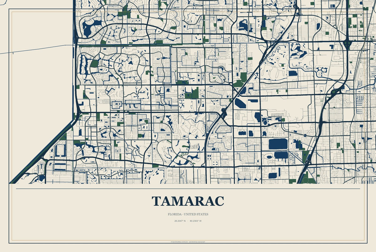 Tamarac, Florida City Map Aluminum Sign in Coastal Cutout style