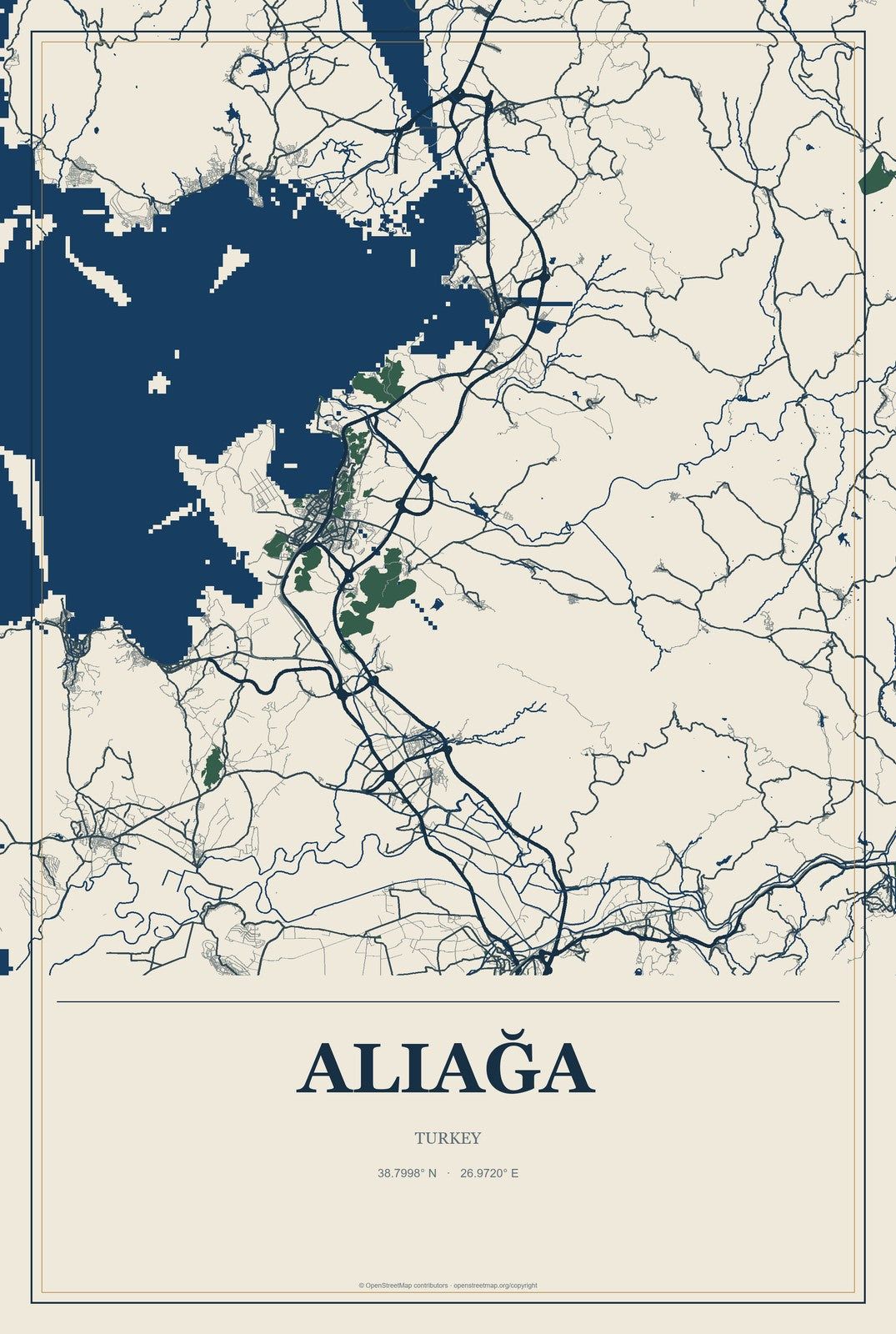 Aliağa, Turkey City Map Aluminum Sign in Coastal Cutout style