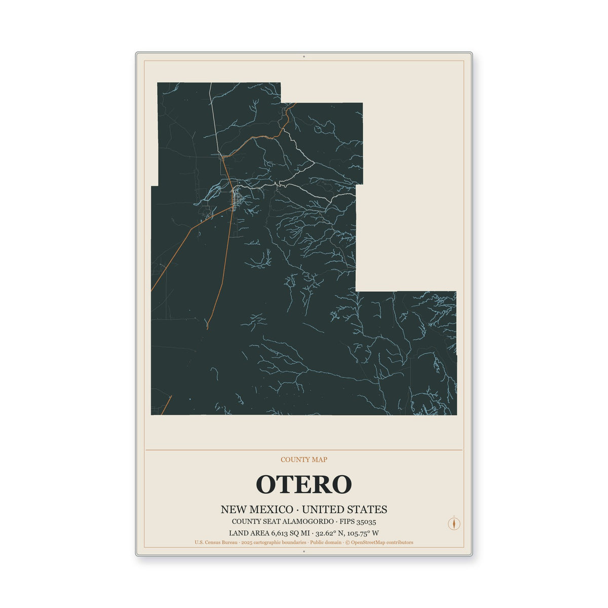 Otero County, New Mexico Map Aluminum Sign in Headline Atlas style