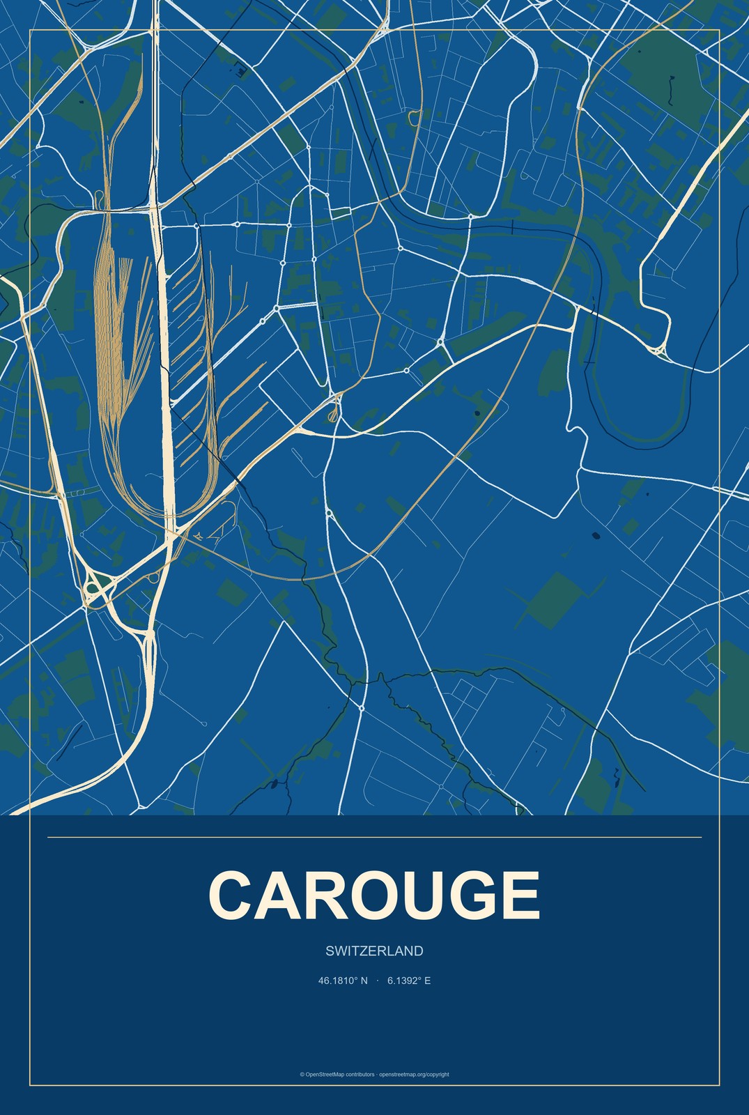 Carouge, Switzerland City Map Aluminum Sign in Harbor Cobalt style