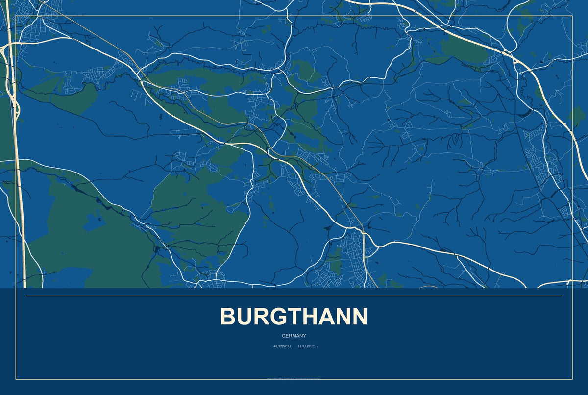 Burgthann, Germany City Map Aluminum Sign in Harbor Cobalt style
