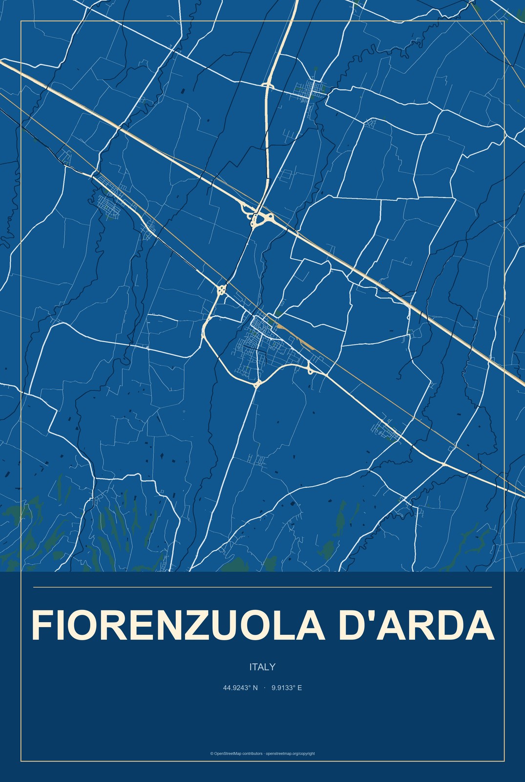 Fiorenzuola d'Arda, Italy City Map Aluminum Sign in Harbor Cobalt style