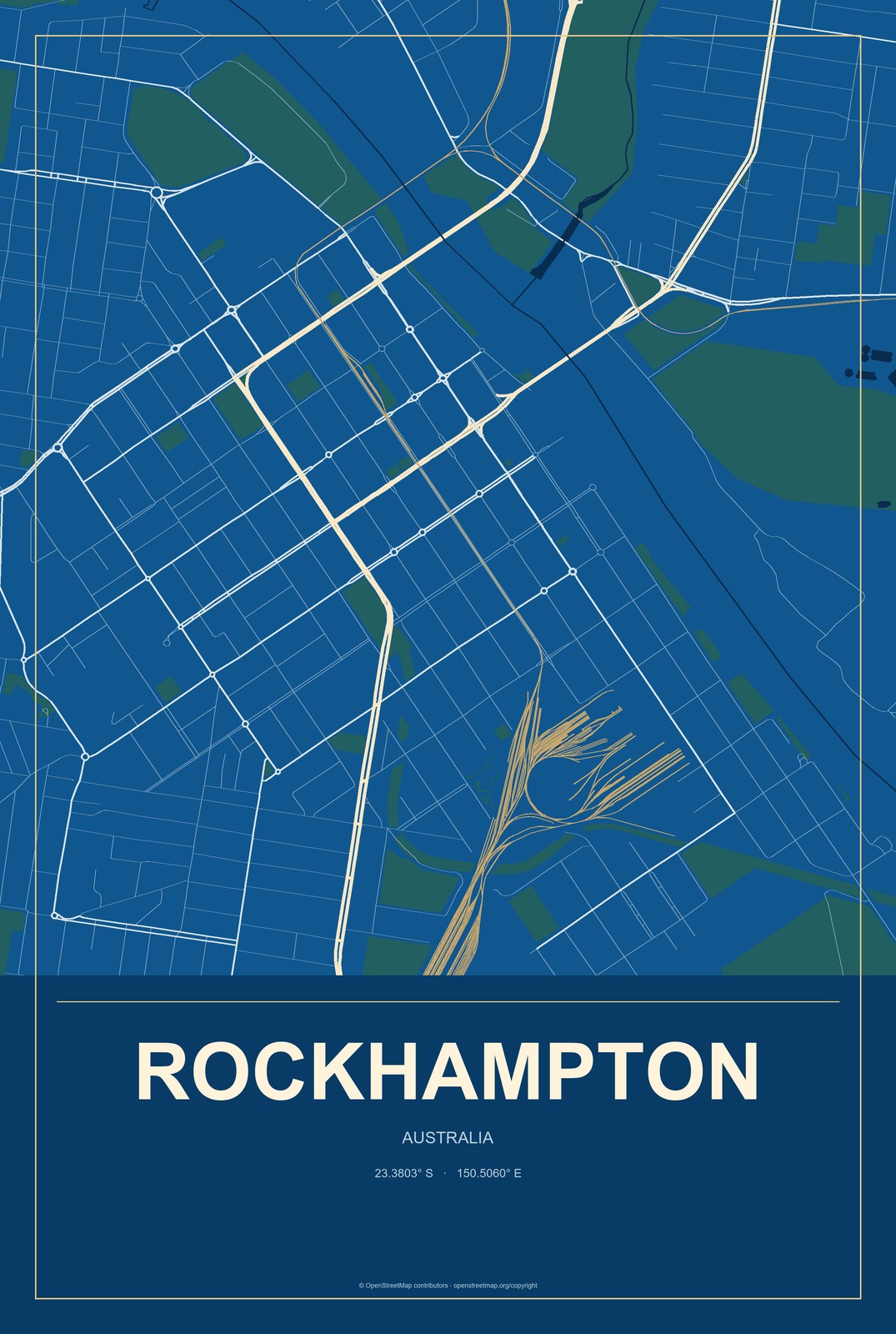 Rockhampton, Australia City Map Aluminum Sign in Harbor Cobalt style