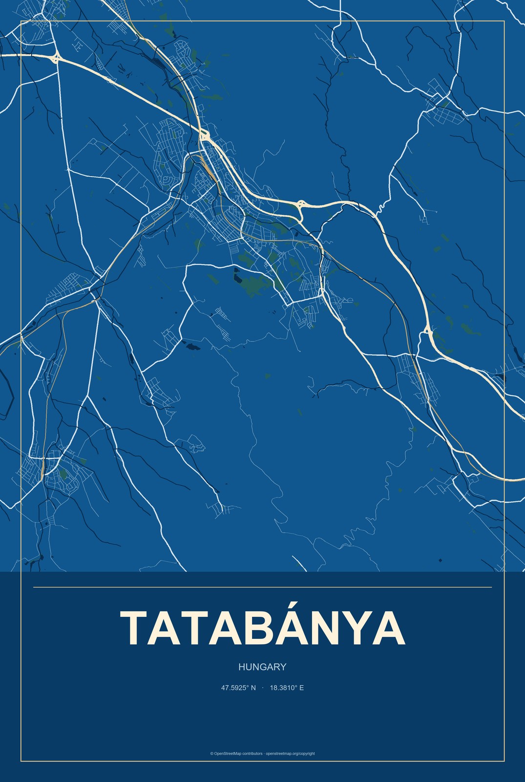 Tatabánya, Hungary City Map Aluminum Sign in Harbor Cobalt style