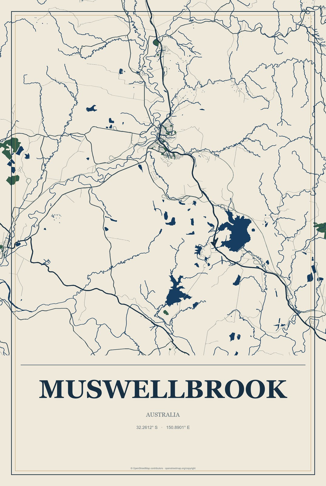 Muswellbrook, Australia City Map Aluminum Sign in Coastal Cutout style