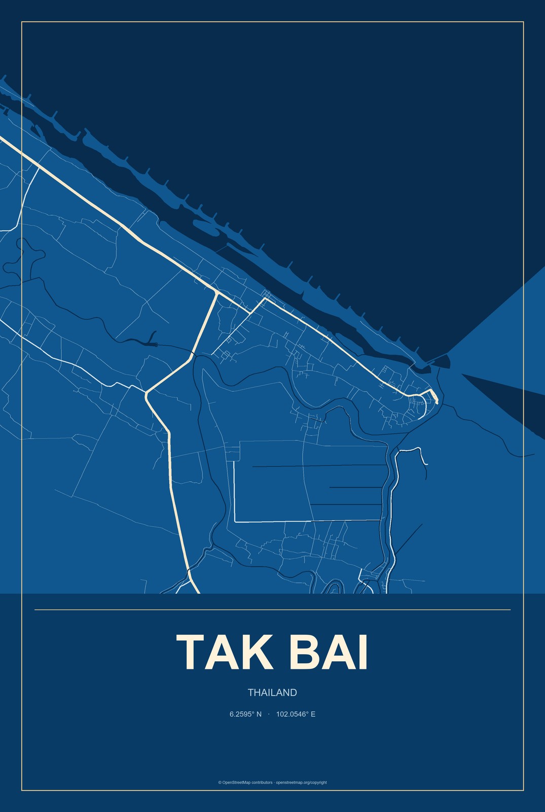 Tak Bai, Thailand City Map Aluminum Sign in Harbor Cobalt style