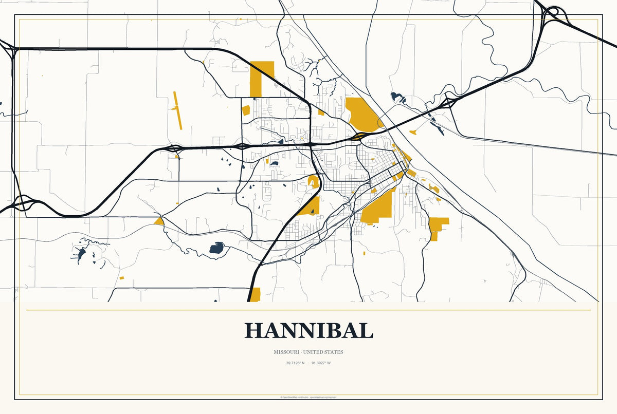 Hannibal, Missouri City Map Aluminum Sign in Citrine Modern style
