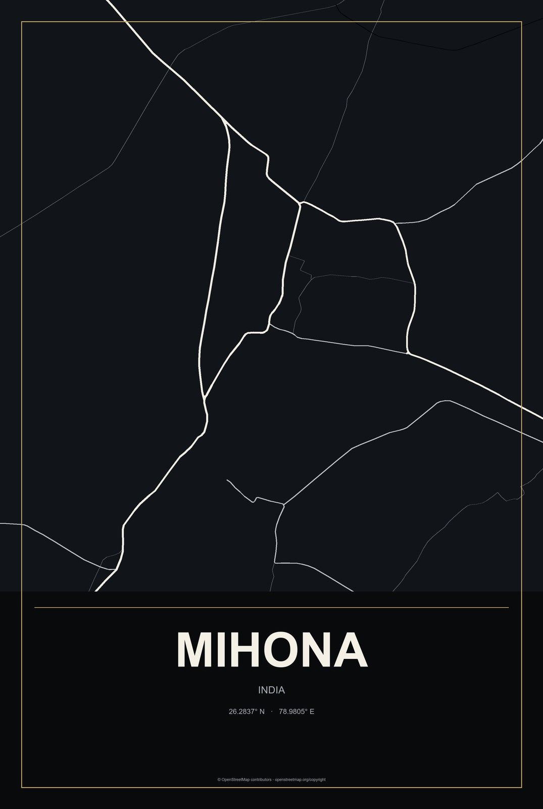 Mihona, India City Map Aluminum Sign in Metropolitan Noir style
