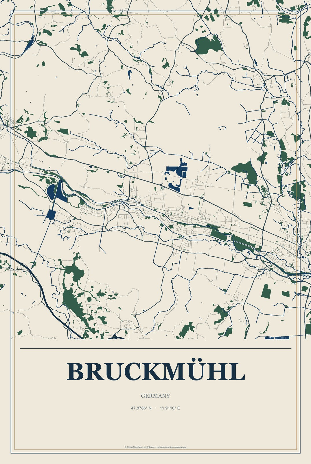 Bruckmühl, Germany City Map Aluminum Sign in Coastal Cutout style