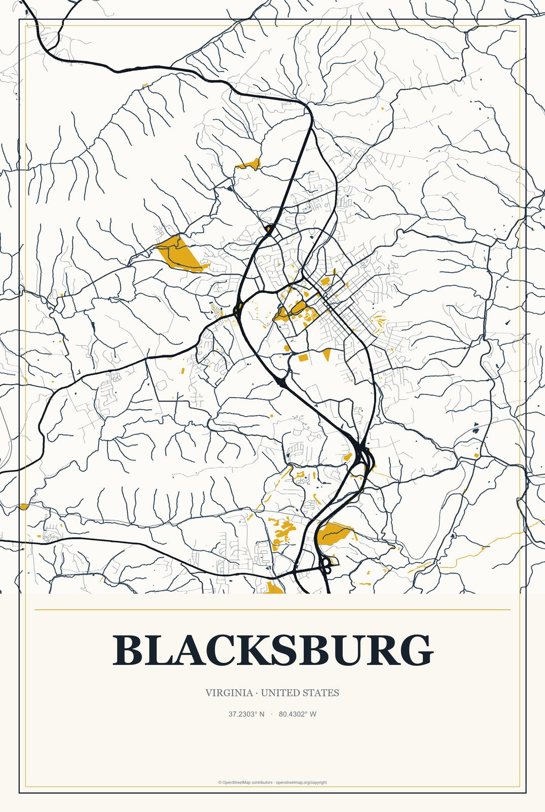Blacksburg, Virginia City Map Aluminum Sign in Citrine Modern style