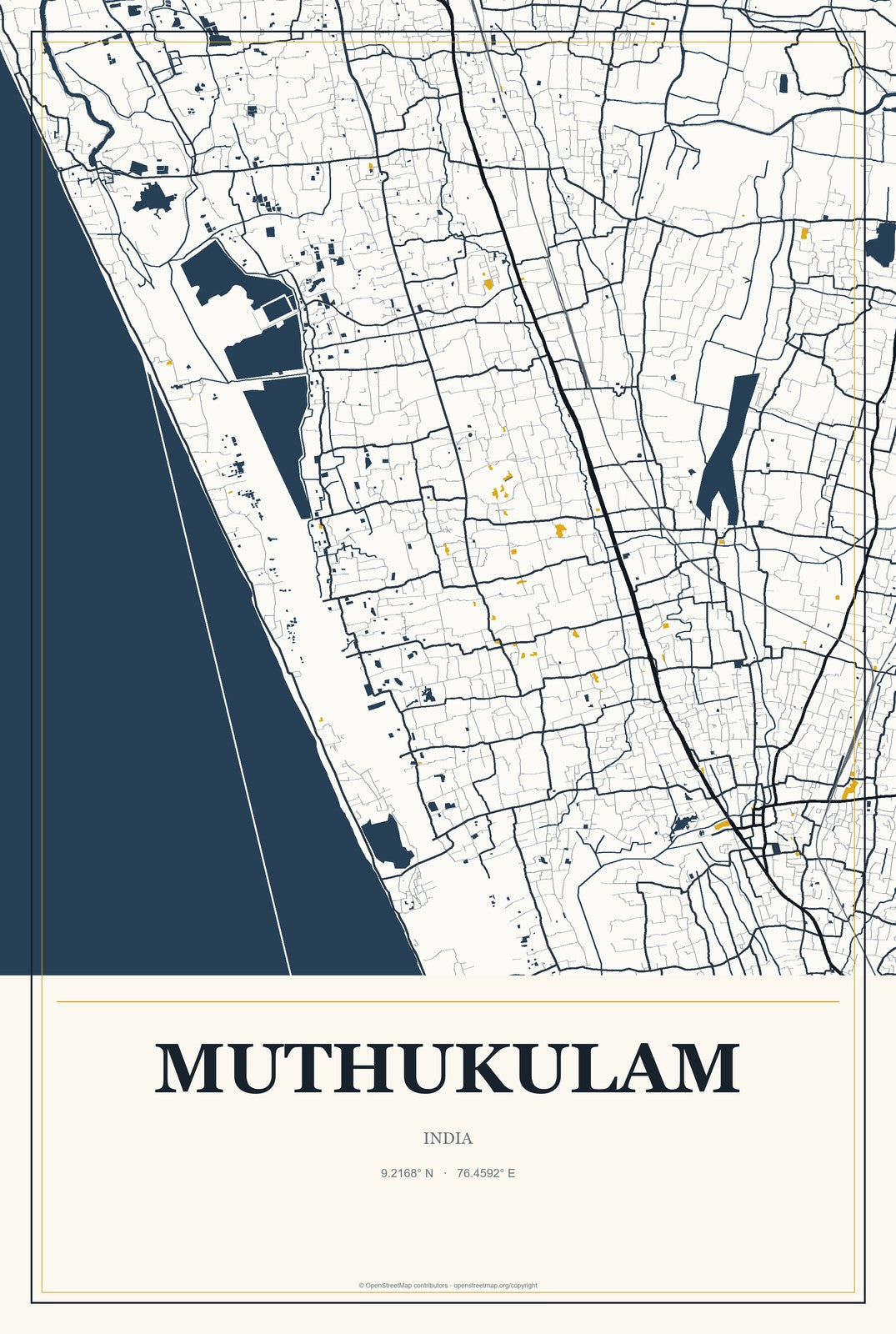 Muthukulam, India City Map Aluminum Sign in Citrine Modern style