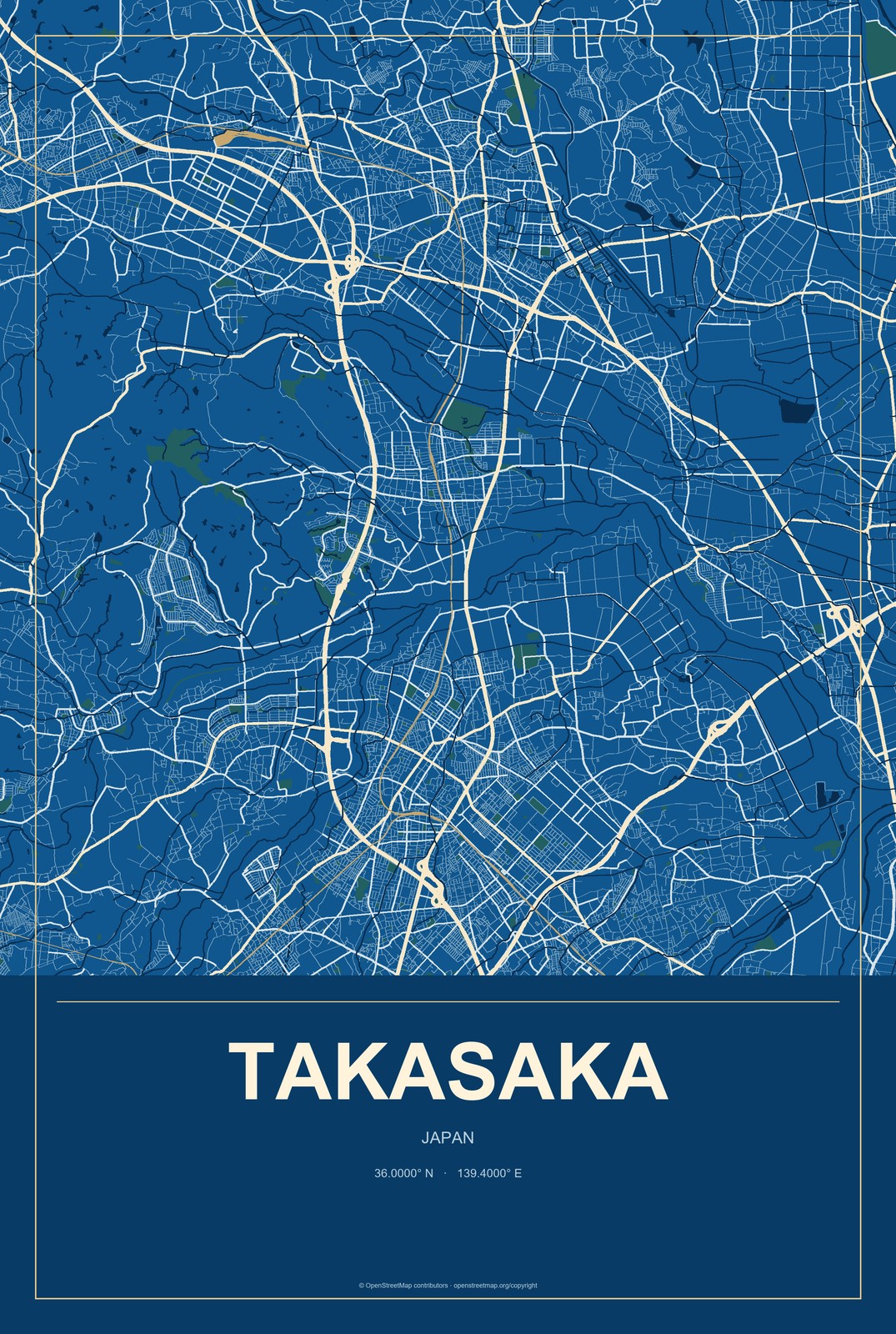 Takasaka, Japan City Map Aluminum Sign in Harbor Cobalt style