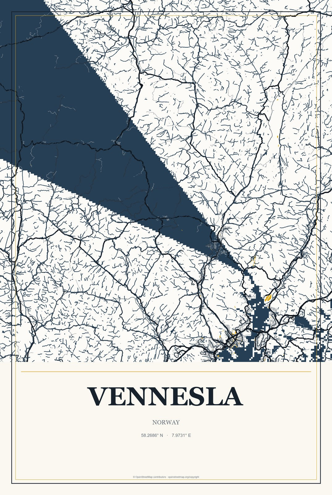 Vennesla, Norway City Map Aluminum Sign in Citrine Modern style