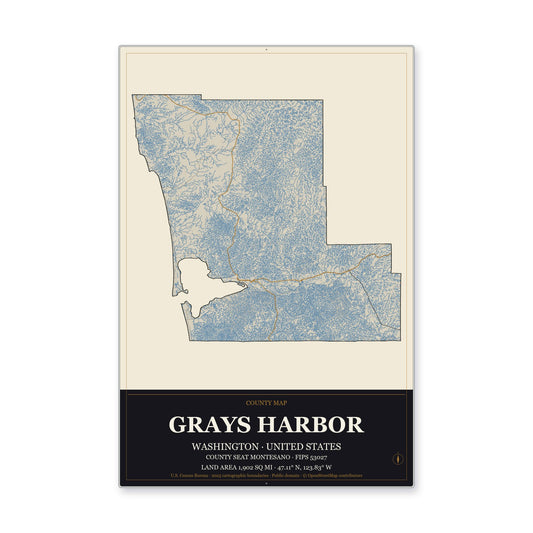 Grays Harbor County, Washington Map Aluminum Sign in Museum Plaque style