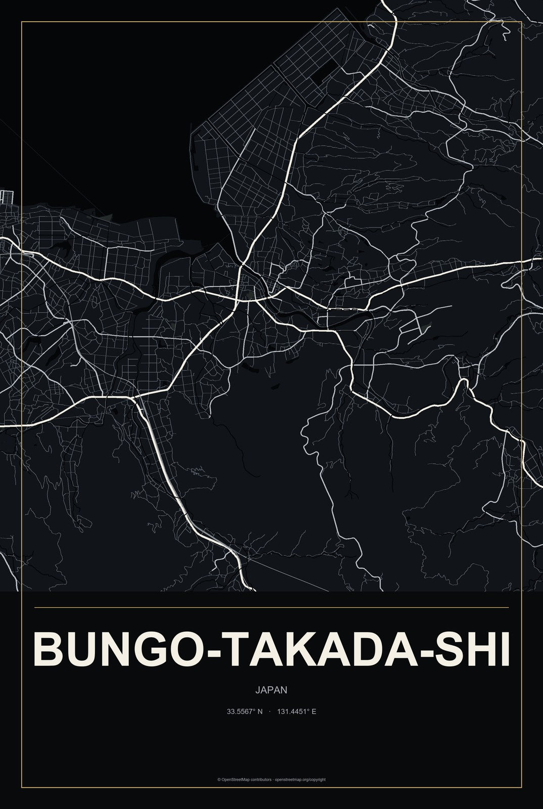 Bungo-Takada-shi, Japan City Map Aluminum Sign in Metropolitan Noir style