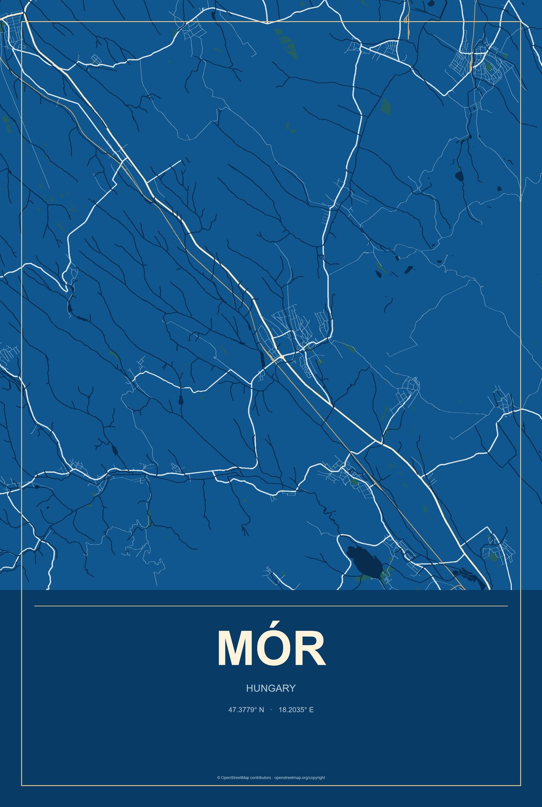Mór, Hungary City Map Aluminum Sign in Harbor Cobalt style