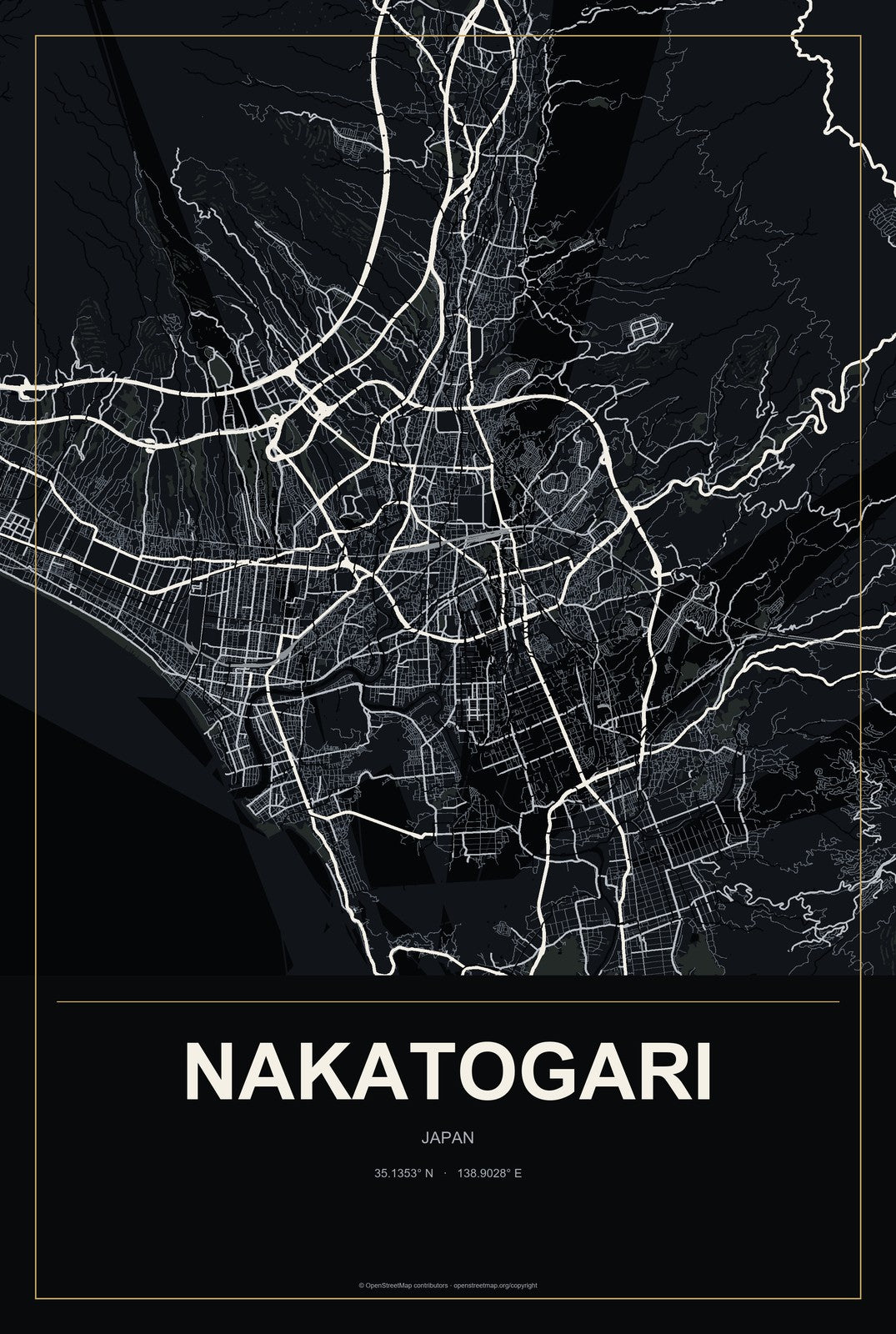 Nakatogari, Japan City Map Aluminum Sign in Metropolitan Noir style