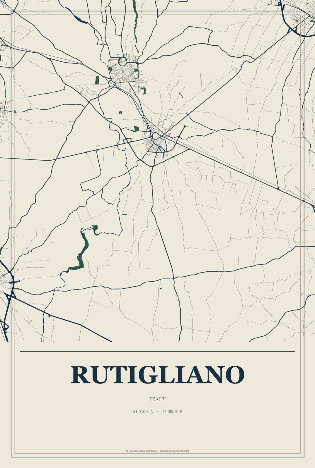 Rutigliano, Italy City Map Aluminum Sign in Coastal Cutout style