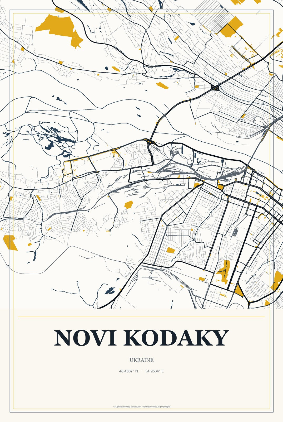 Novi Kodaky, Ukraine City Map Aluminum Sign in Citrine Modern style