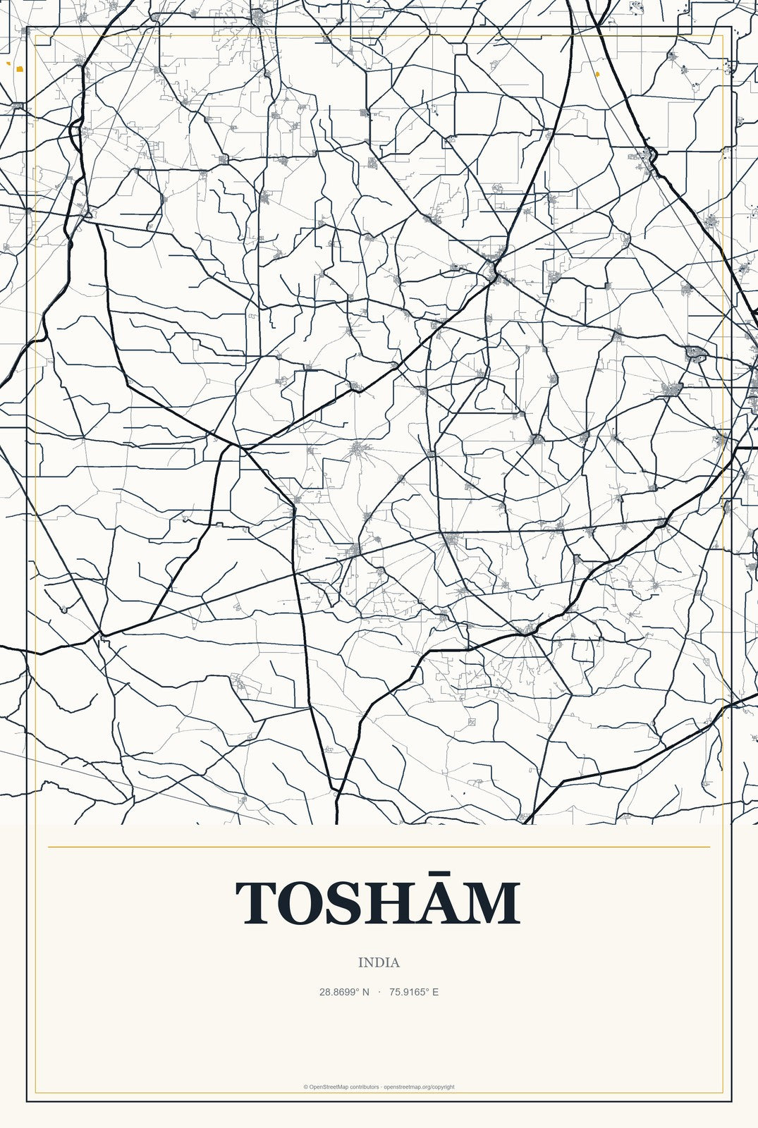 Toshām, India City Map Aluminum Sign in Citrine Modern style