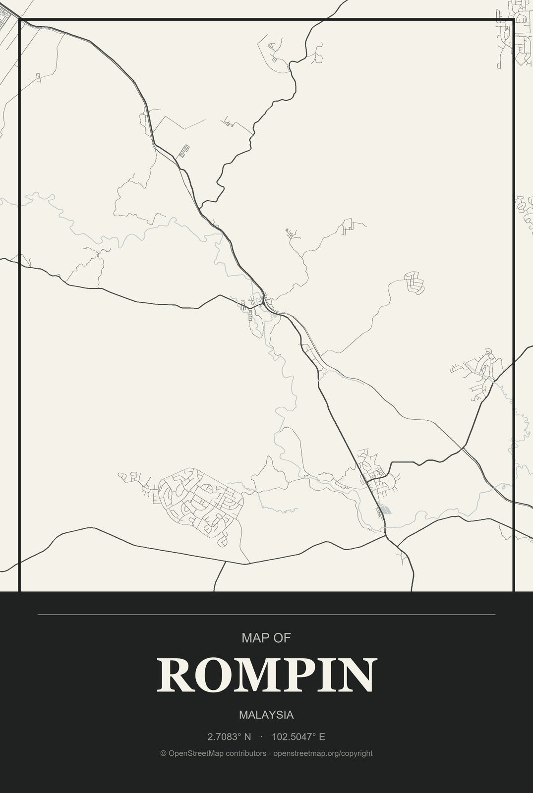 Rompin, Malaysia City Map Aluminum Sign in Museum Plaque style