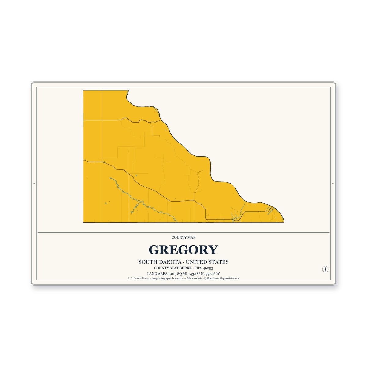 Gregory County, South Dakota Map Aluminum Sign in Citrine Modern style