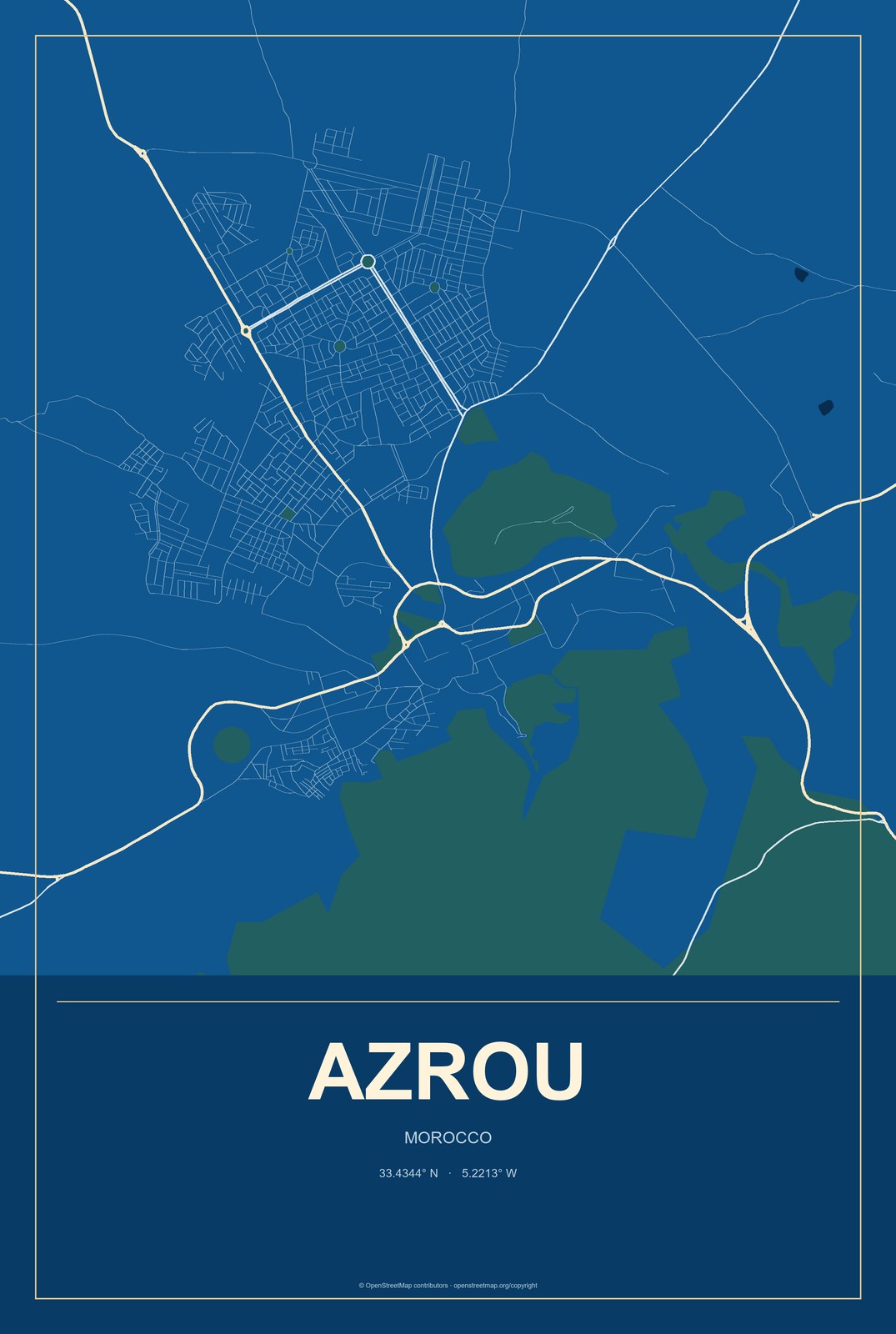 Azrou, Morocco City Map Aluminum Sign in Harbor Cobalt style