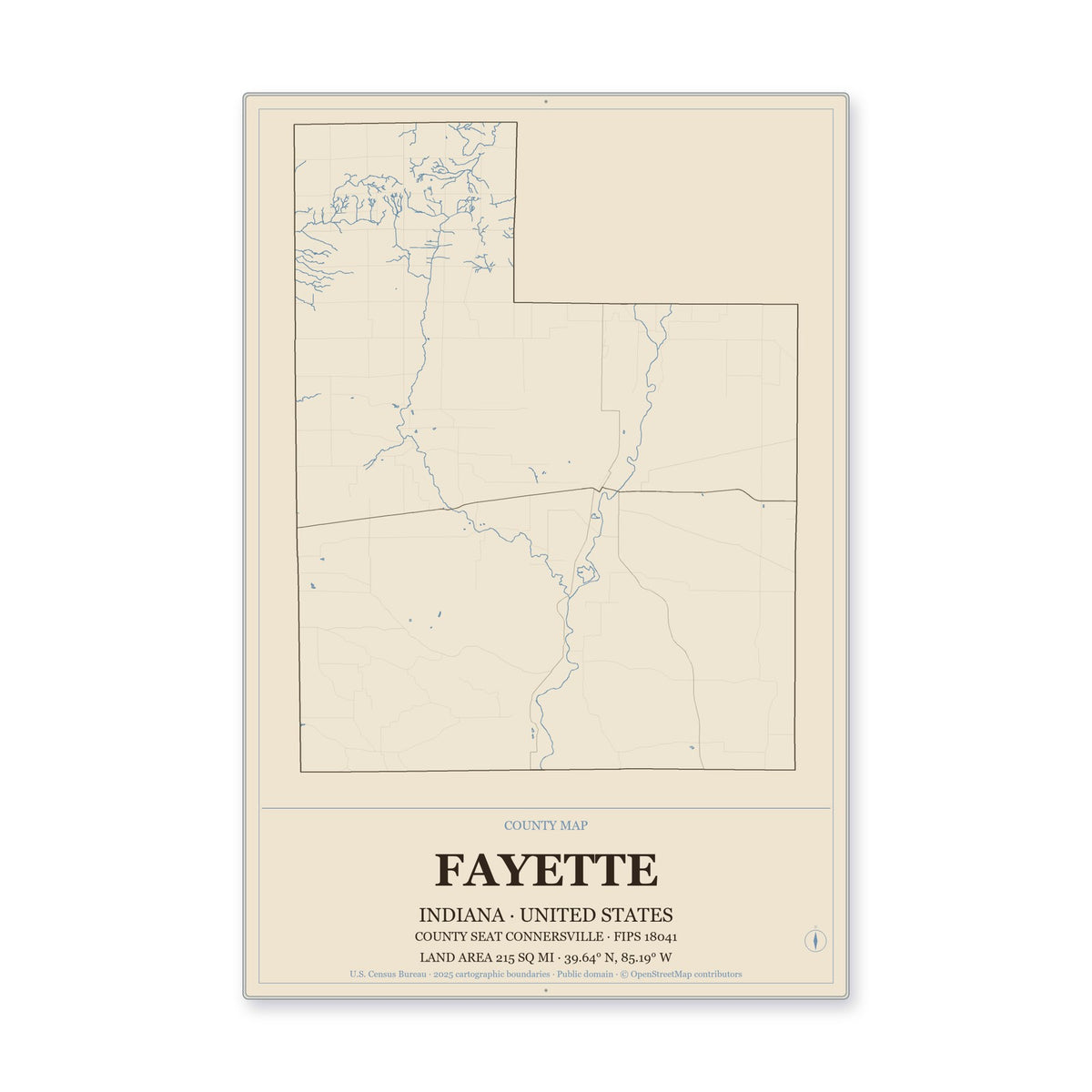 Fayette County, Indiana Map Aluminum Sign in Heritage Nautical style
