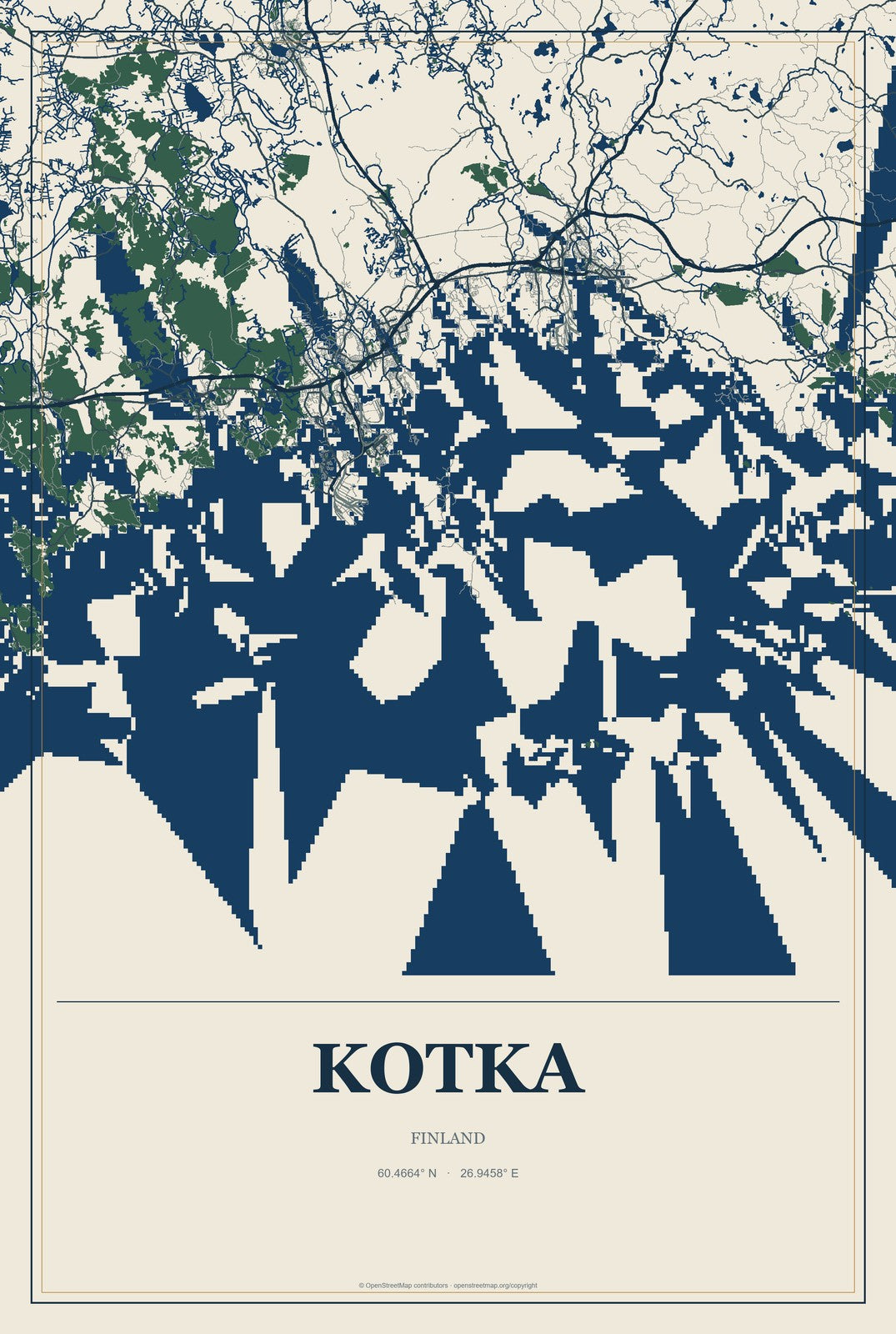 Kotka, Finland City Map Aluminum Sign in Coastal Cutout style