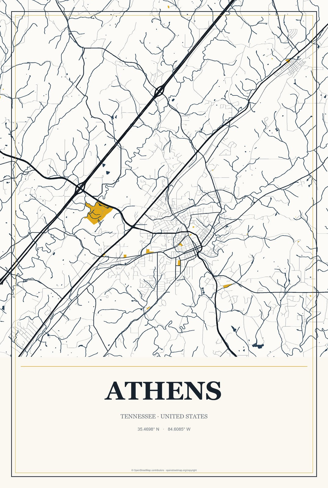 Athens, Tennessee City Map Aluminum Sign in Citrine Modern style