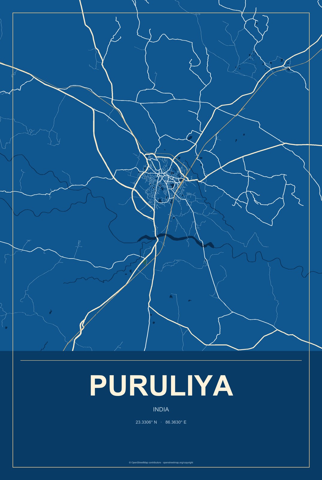 Puruliya, India City Map Aluminum Sign in Harbor Cobalt style